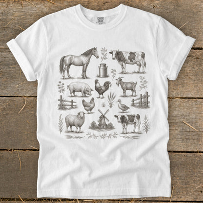 White t-shirt with a vintage farm animal illustration and Comfort Colors logo.