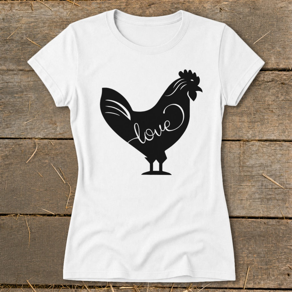 White t-shirt with a black silhouette of a rooster containing the word "love".