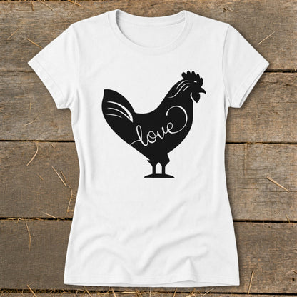 White t-shirt with a black silhouette of a rooster containing the word "love".