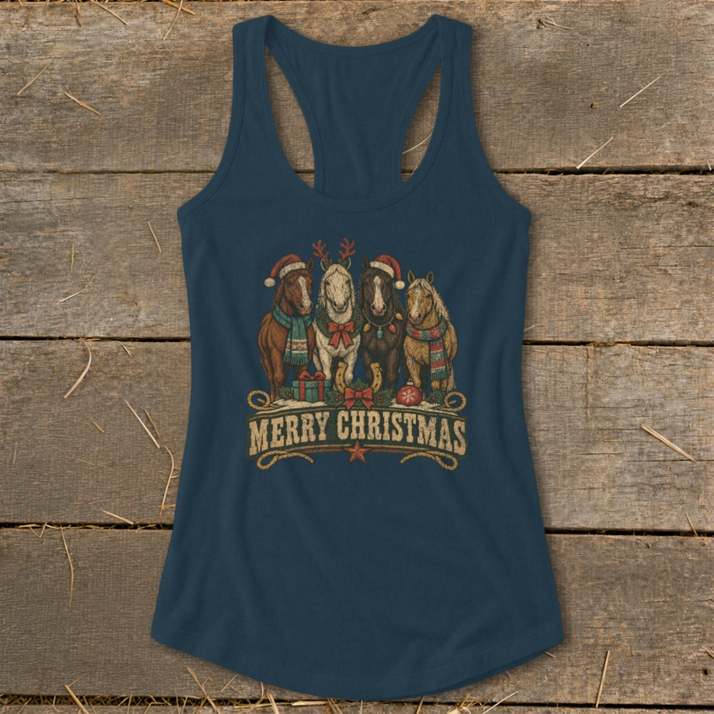 Four horses in Christmas hats and scarves with gifts below text reading "Merry Christmas".