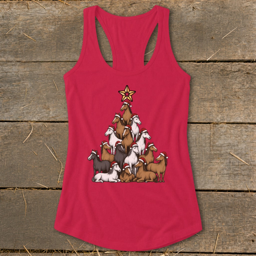 Red tank top with a Christmas tree made of horses wearing Santa hats.