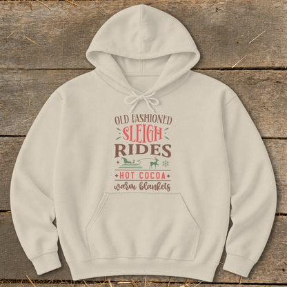 Cream hoodie with "Old Fashioned Sleigh Rides" and "Hot Cocoa Warm Blankets" text.