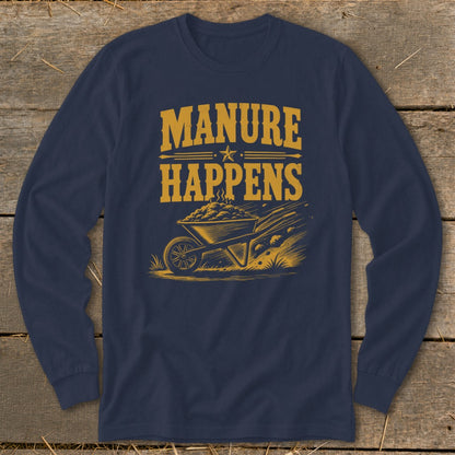Navy long-sleeve shirt with "MANURE HAPPENS" text and wheelbarrow illustration.