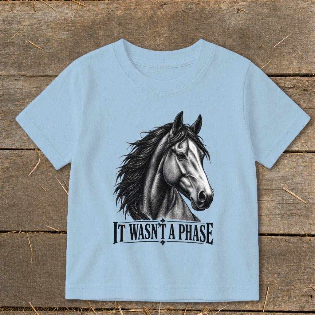 Light blue t-shirt with charcoal horse illustration and "It Wasn't A Phase" text.