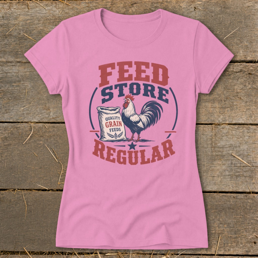 Pink t-shirt with "Feed Store Quality Grain Feeds Regular" text and rooster graphic.