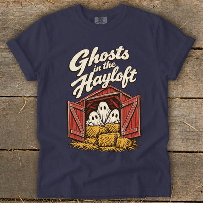 Navy t-shirt with "Ghosts in the Hayloft" text and three ghosts in a barn.