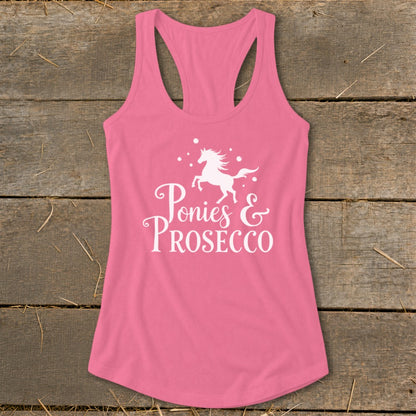 Pink racerback tank top with "Ponies & Prosecco" graphic and horse silhouette.