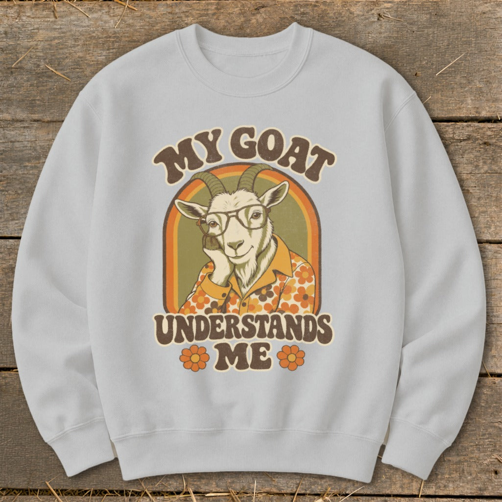 Crewneck sweatshirt with a retro graphic of a goat wearing glasses and text "MY GOAT UNDERSTANDS ME".