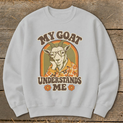Crewneck sweatshirt with a retro graphic of a goat wearing glasses and text "MY GOAT UNDERSTANDS ME".