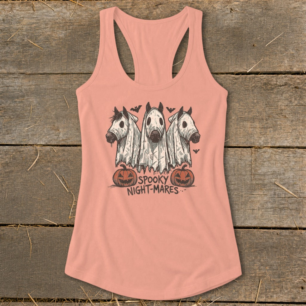 Three horses in ghost costumes with pumpkins and bats, text "SPOOKY NIGHT-MARES".