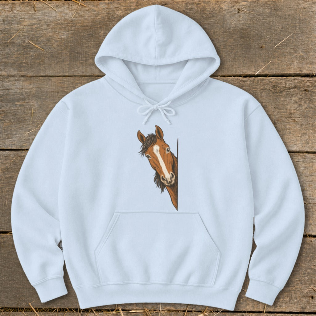 Light blue hoodie with a brown horse peeking from the side.