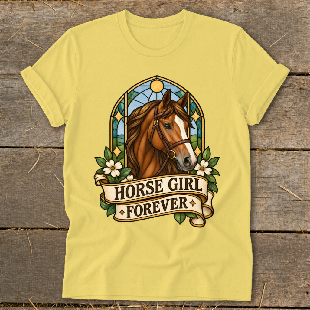 Yellow t-shirt with a stained-glass horse design and "HORSE GIRL FOREVER" text.