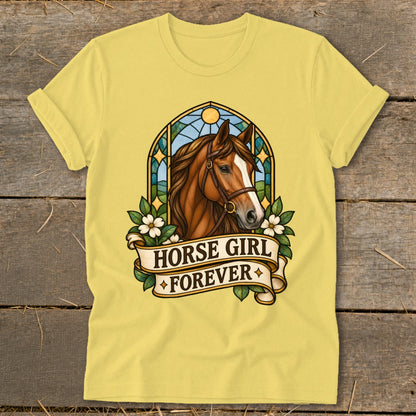 Yellow t-shirt with a stained-glass horse design and "HORSE GIRL FOREVER" text.