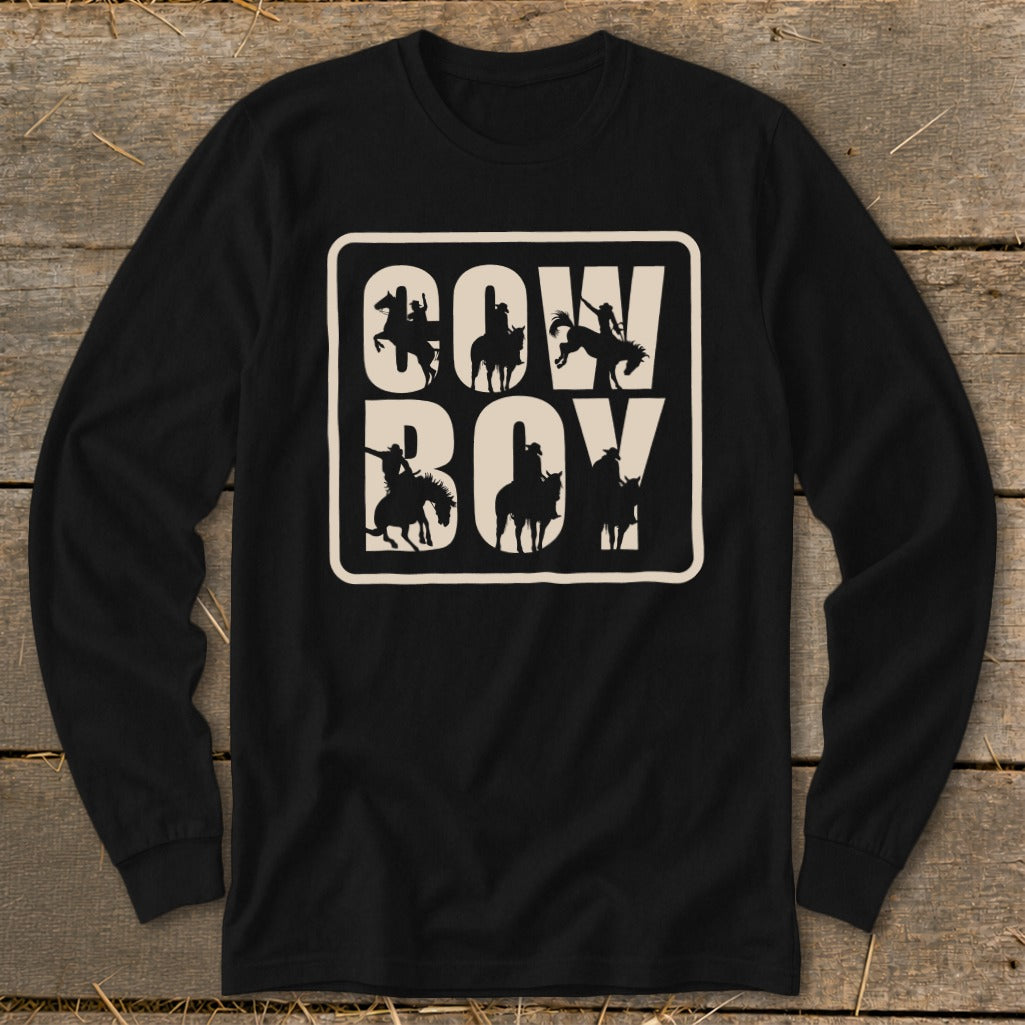 Black long-sleeve shirt with "COW BOY" text and cowboy silhouettes.
