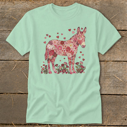 Mint t-shirt with a donkey made of pink flowers and hearts.