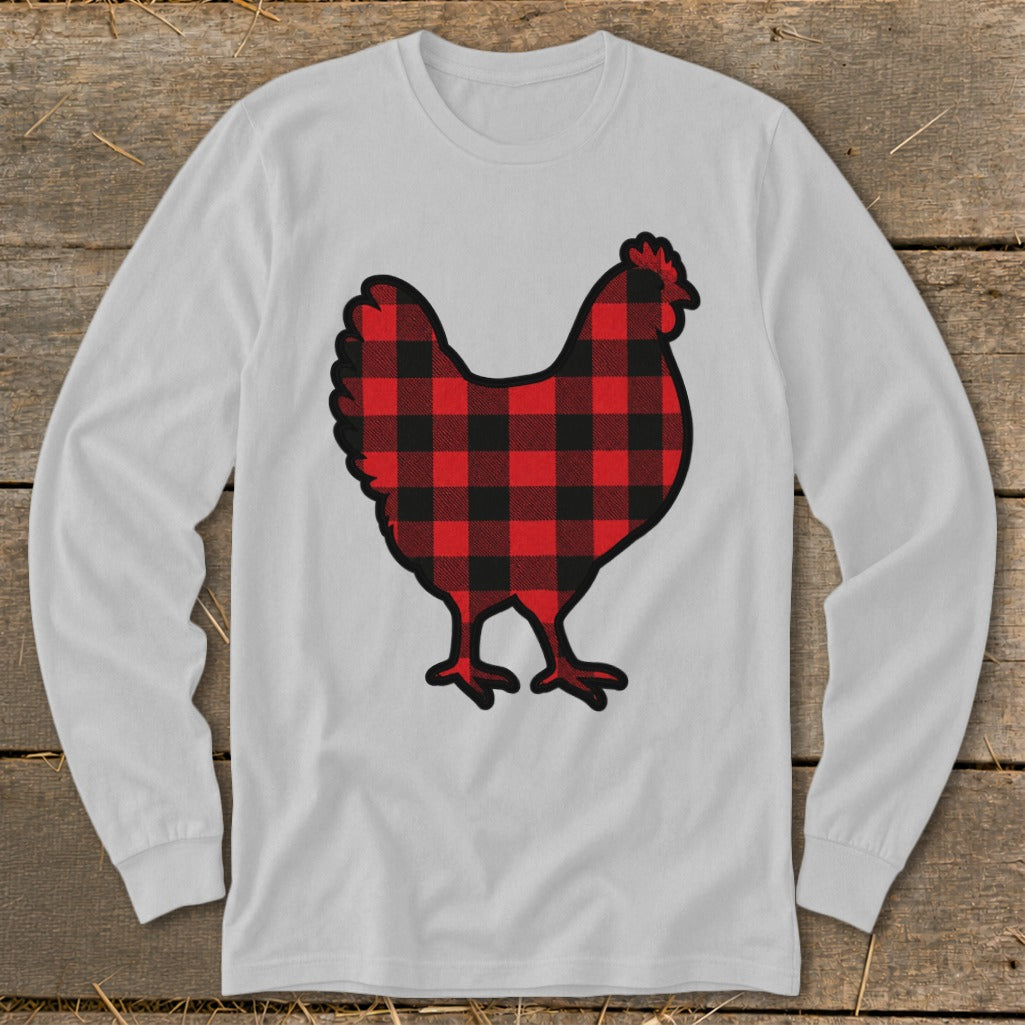 White long-sleeve shirt with a red and black buffalo plaid chicken graphic.