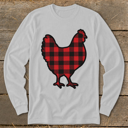 White long-sleeve shirt with a red and black buffalo plaid chicken graphic.