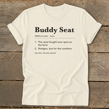 Cream t-shirt with "Buddy Seat" definition.