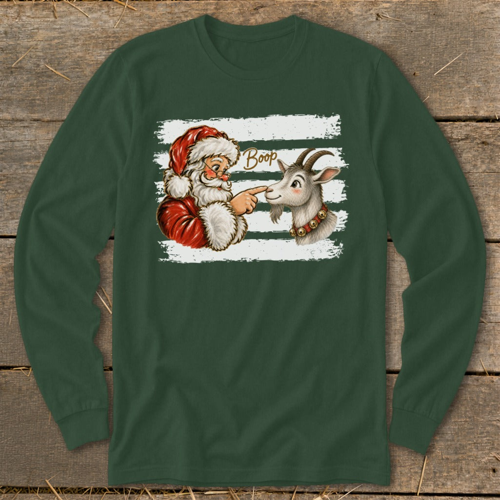 Santa boops a goat with bells on its collar; "Boop" text above.