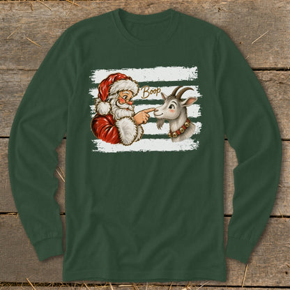 Santa boops a goat with bells on its collar; "Boop" text above.
