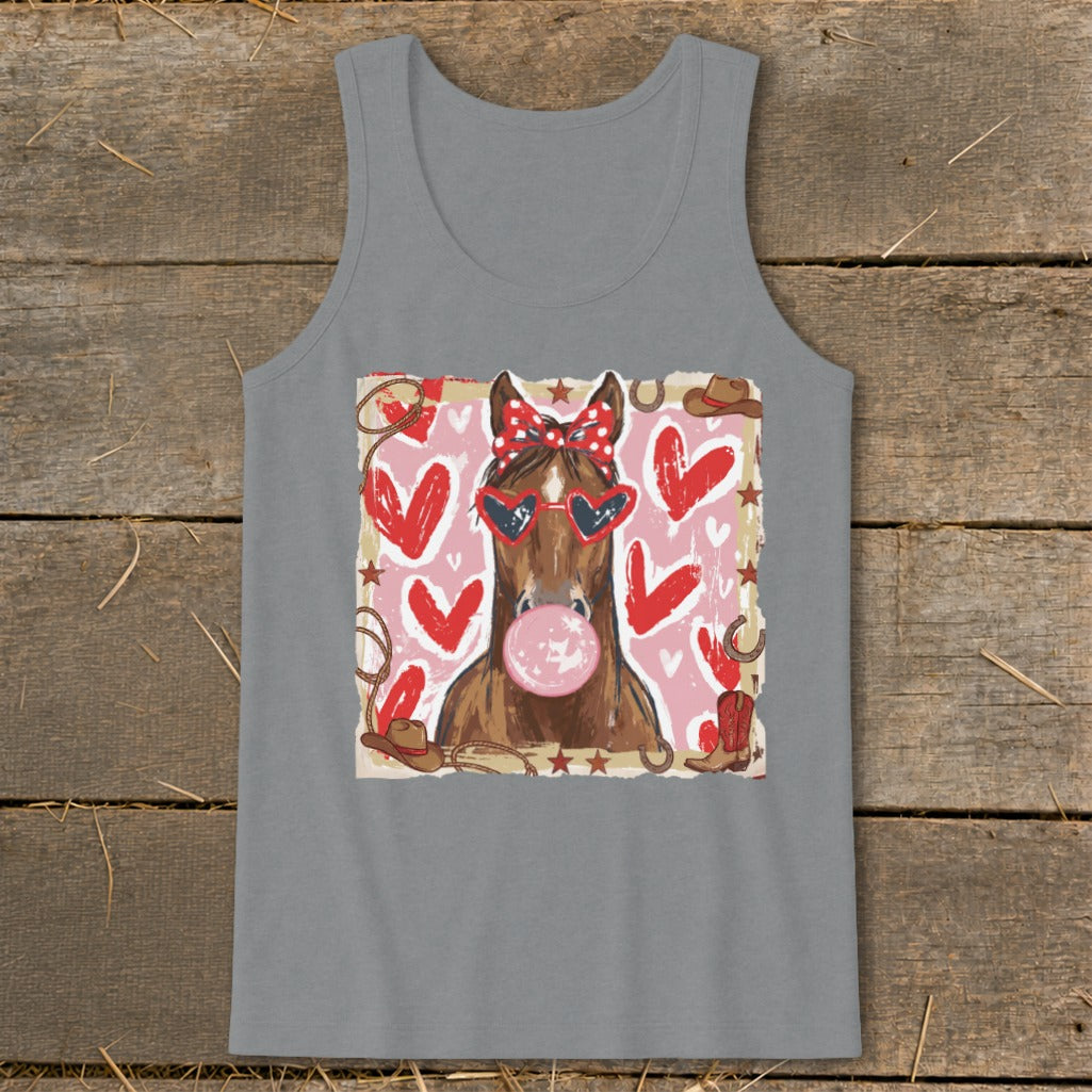Horse with heart sunglasses and bow blowing bubblegum, on pink and red hearts background.