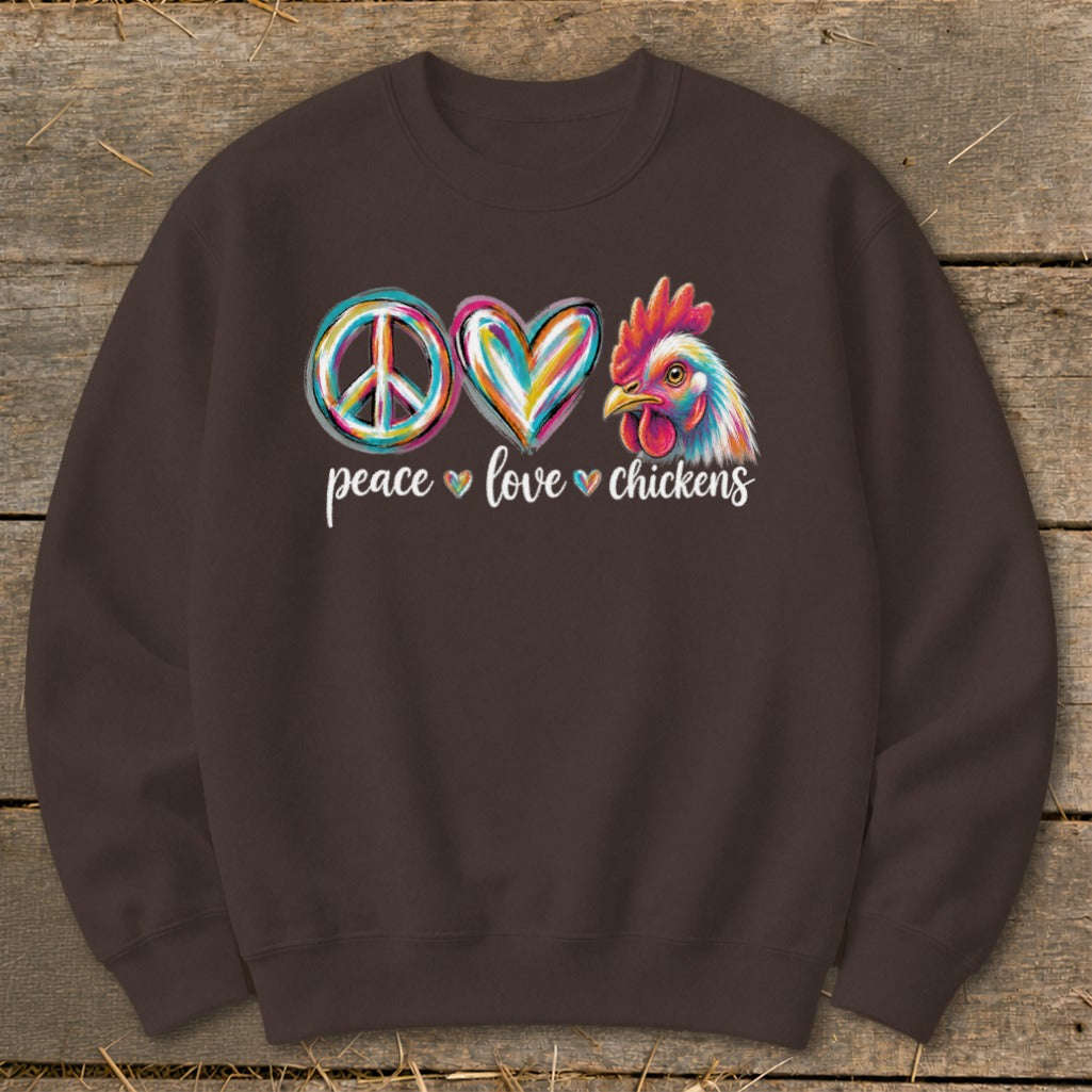 Brown sweatshirt with peace sign, heart, and colorful chicken head graphic.