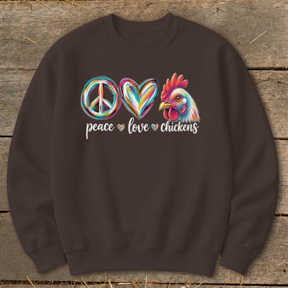 Brown sweatshirt with peace sign, heart, and colorful chicken head graphic.
