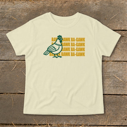 Cream t-shirt with green chicken graphic and "Bawk Ba-Gawk" text.