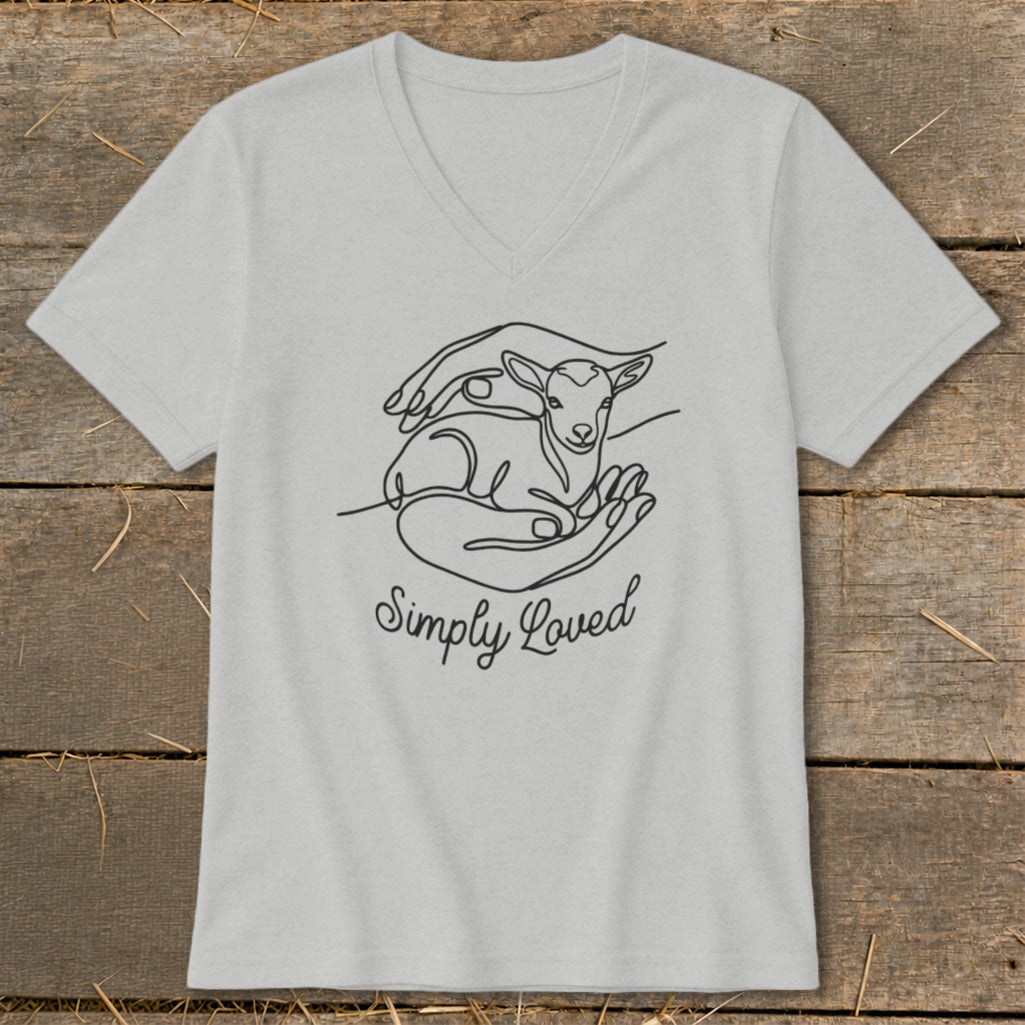 Light grey v-neck t-shirt with line art of hands holding a lamb and text "Simply Loved".