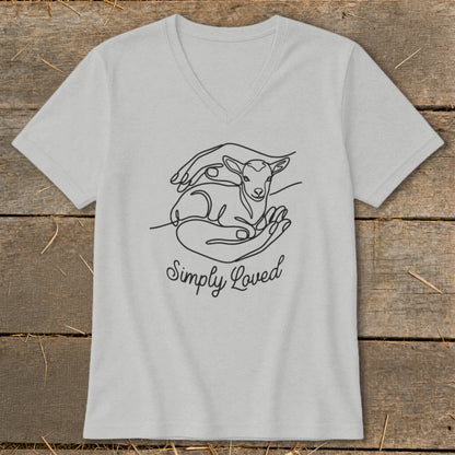 Light grey v-neck t-shirt with line art of hands holding a lamb and text "Simply Loved".