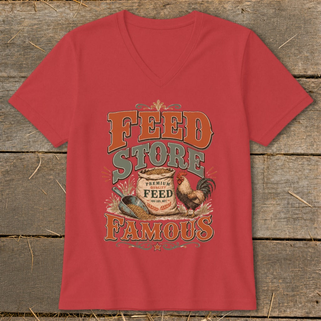Red t-shirt with vintage "Feed Store Famous" graphic, a rooster, and a bag of feed.