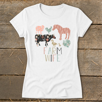 White t-shirt with colorful farm animals and "FARM WIFE" text design.
