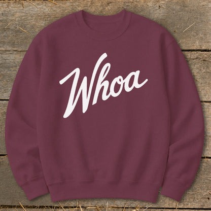 Maroon sweatshirt with white script text reading "Whoa" on a wooden background.