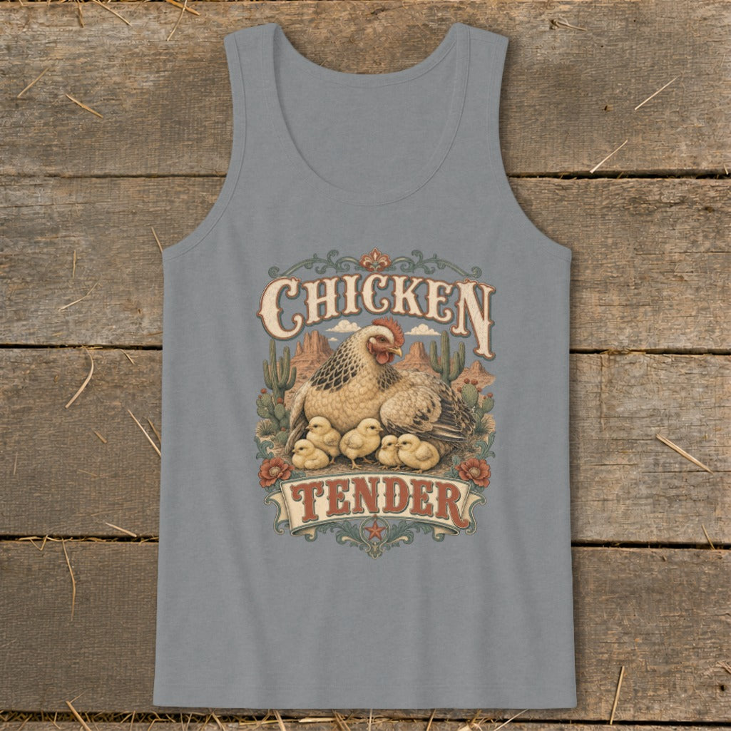 Chicken Tender graphic with hen and chicks, desert landscape, and text.