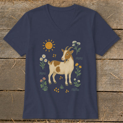 Navy t-shirt with a brown and white goat surrounded by flowers and a sun graphic.