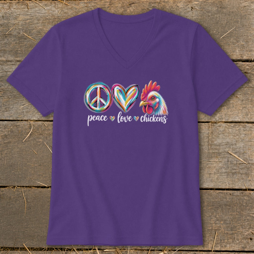 Purple v-neck t-shirt with peace sign, heart, and chicken graphic reading "peace love chickens".