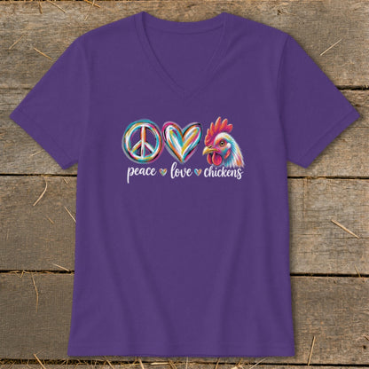 Purple v-neck t-shirt with peace sign, heart, and chicken graphic reading "peace love chickens".