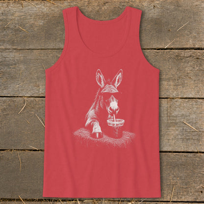 Red tank top with a white graphic of a donkey wearing sunglasses drinking from a cup.