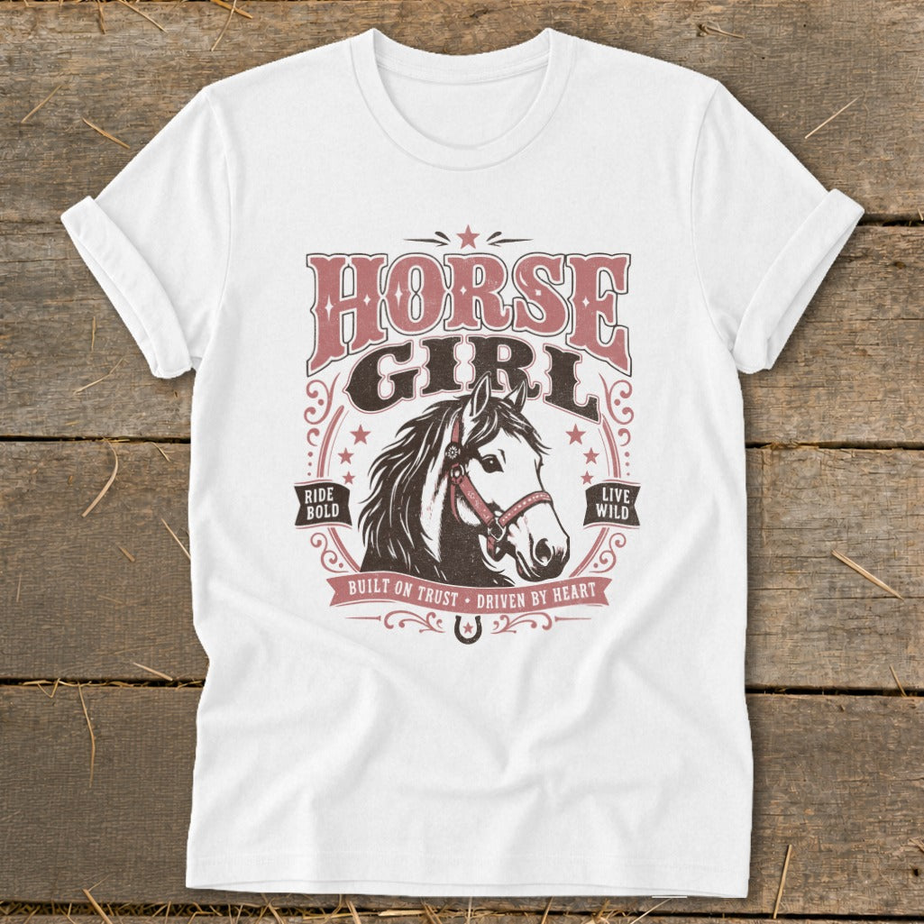 White t-shirt with a horse head graphic and text "Horse Girl".