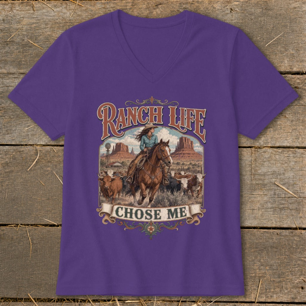 Purple t-shirt with "Ranch Life Chose Me" graphic featuring cowgirl on horseback with cattle.