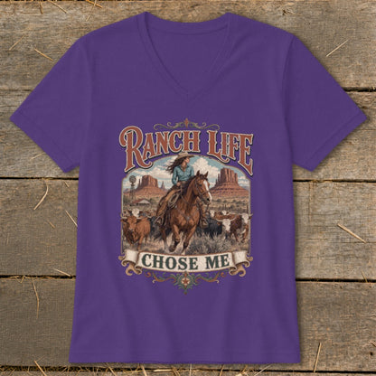 Purple t-shirt with "Ranch Life Chose Me" graphic featuring cowgirl on horseback with cattle.