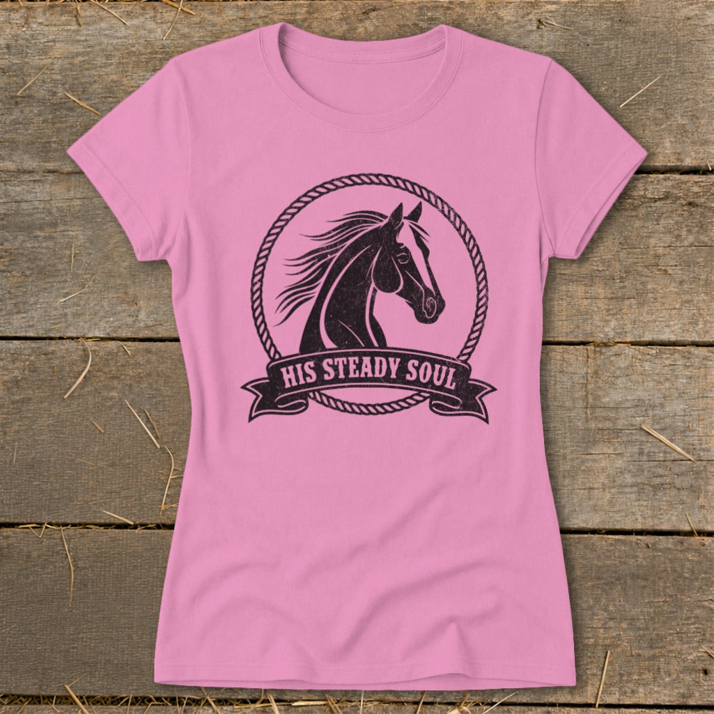Pink t-shirt with black horse graphic in rope circle and "HIS STEADY SOUL" text.