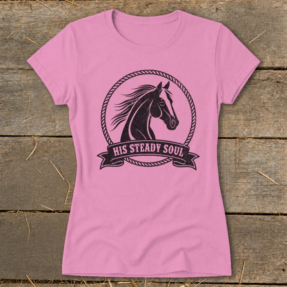 Pink t-shirt with black horse graphic in rope circle and "HIS STEADY SOUL" text.