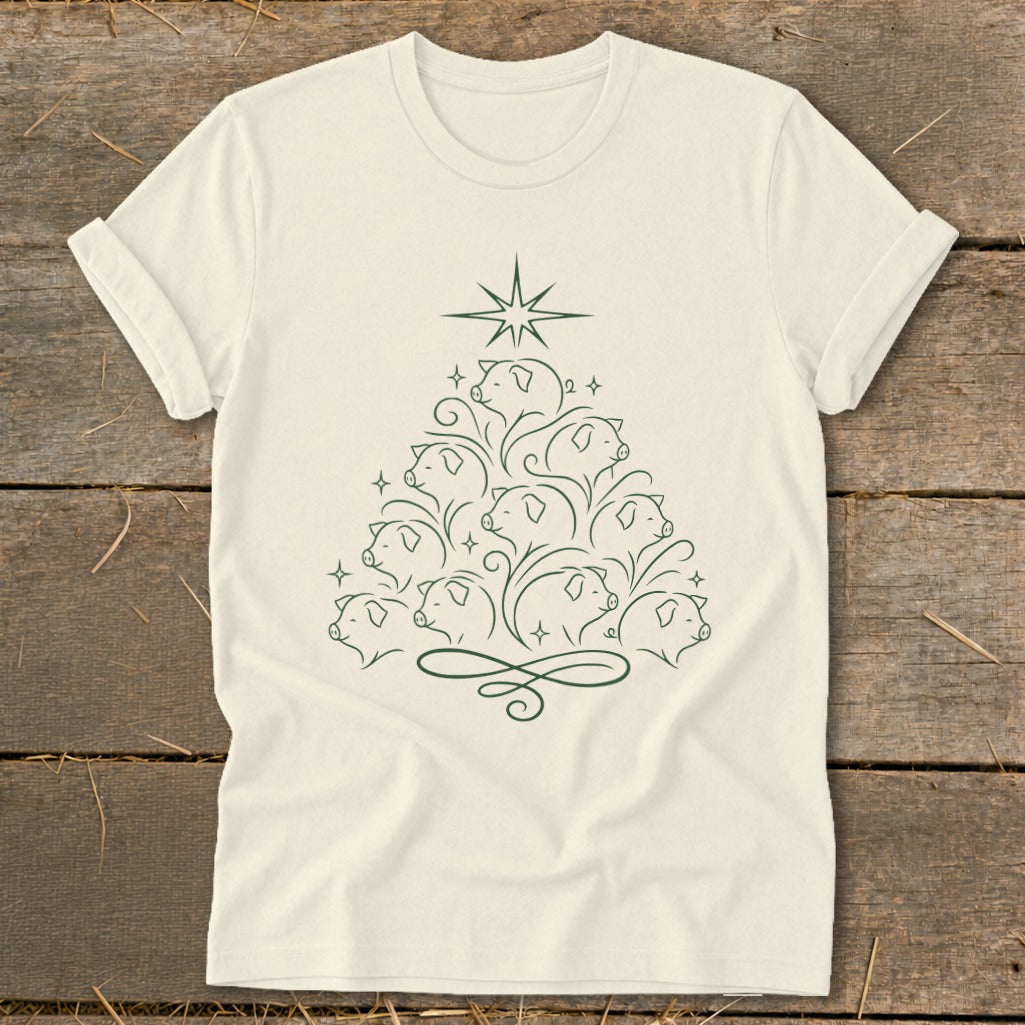 Cream t-shirt with green line art Christmas tree made of pigs.