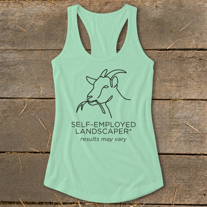 Mint tank top with a line drawing of a goat eating grass and text.