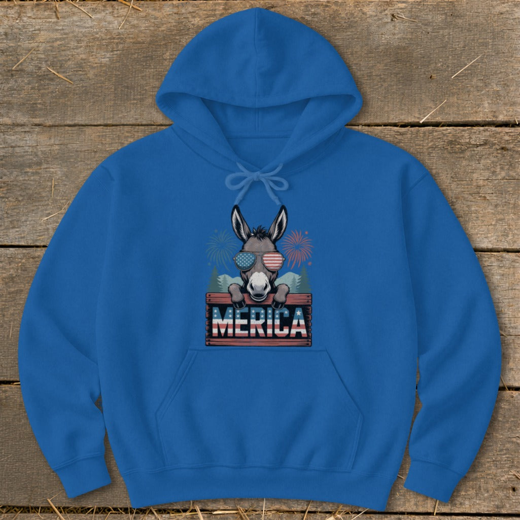 Blue hoodie with a donkey wearing sunglasses and the word MERICA.