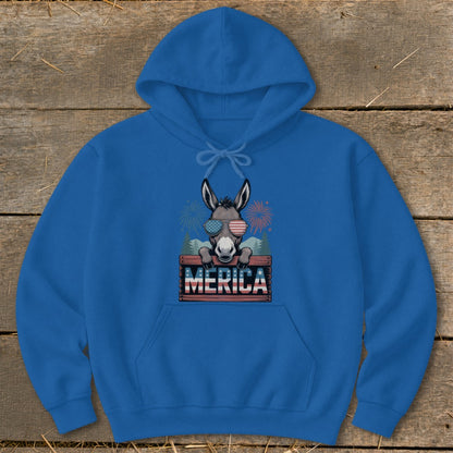 Blue hoodie with a donkey wearing sunglasses and the word MERICA.