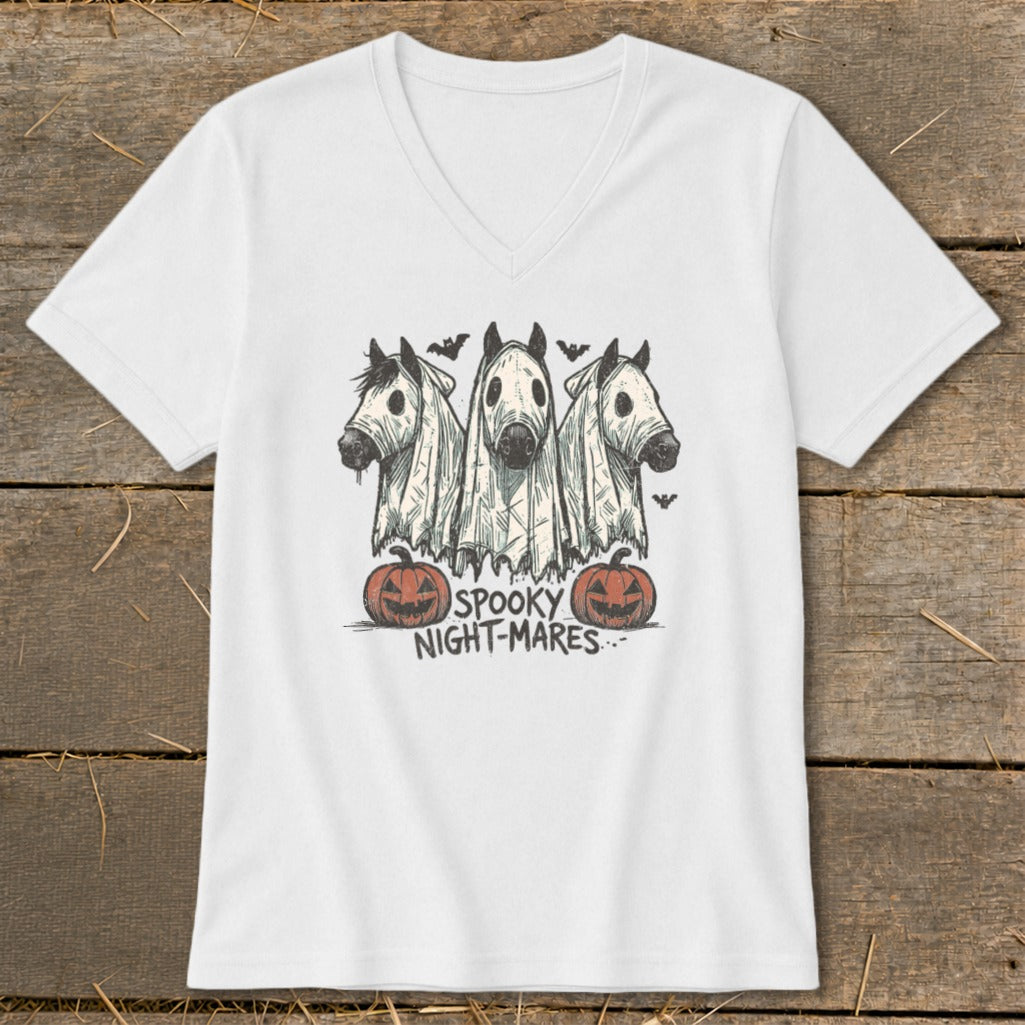 Three horses in ghost costumes with pumpkins and bats, text "SPOOKY NIGHT-MARES".