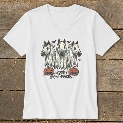 Three horses in ghost costumes with pumpkins and bats, text "SPOOKY NIGHT-MARES".