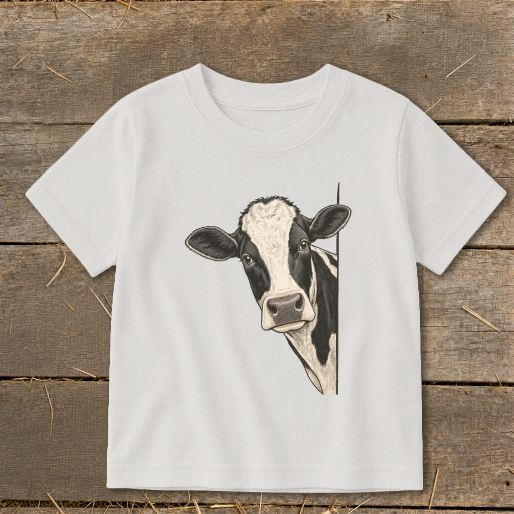White t-shirt with a black and white cow peeking from the side.